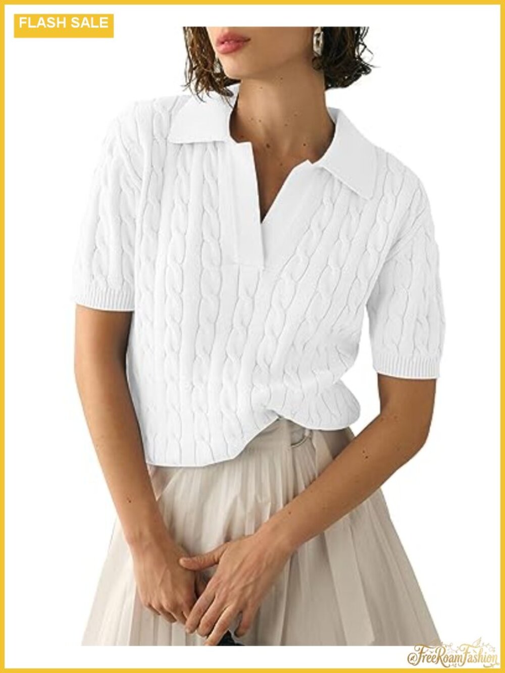 Cable Knit Short Sleeve Sweater Top Lapel V Neck Pullover